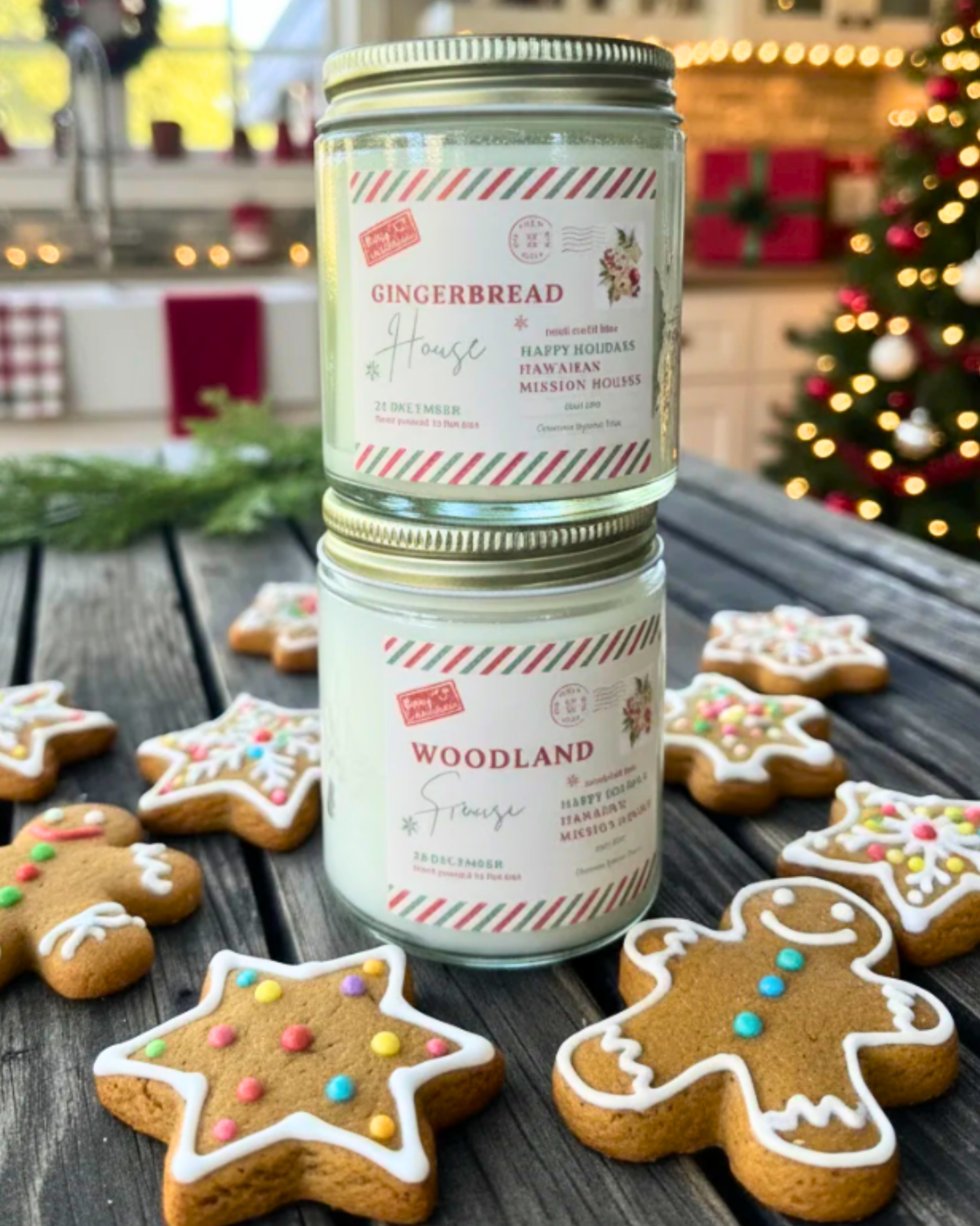 Gingerbread 4oz. Handpoured "Happy Holidays Hawaiian Mission Houses" Candle