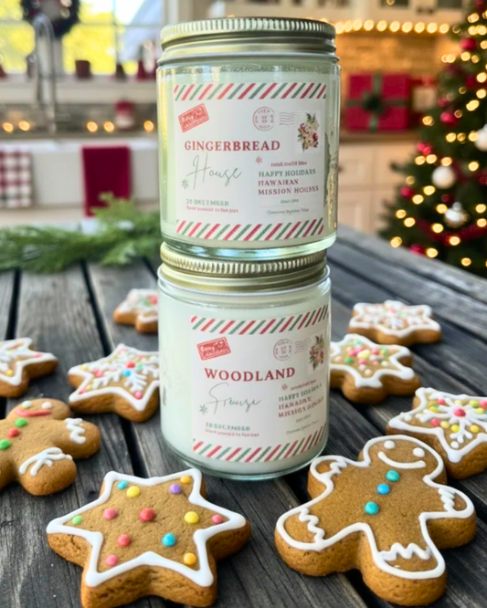 Gingerbread 4oz. Handpoured "Happy Holidays Hawaiian Mission Houses" Candle