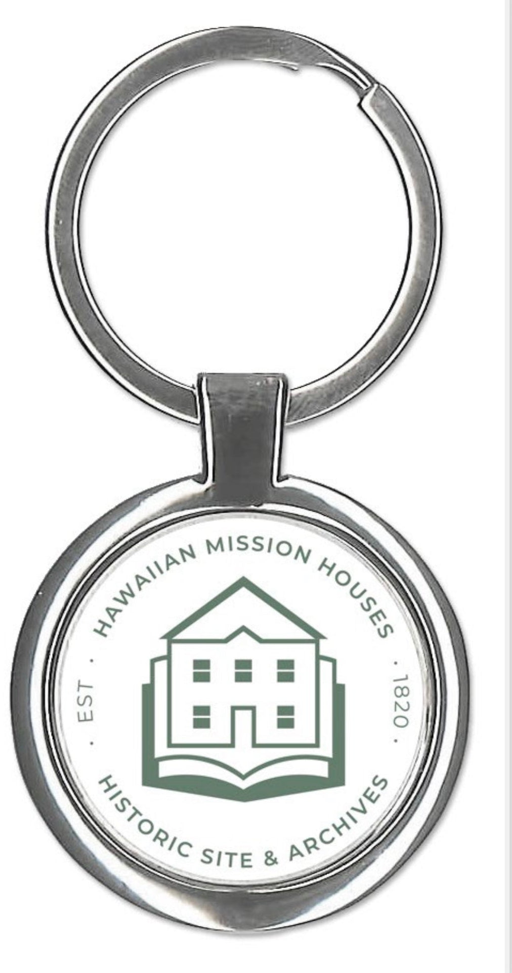 Keychain with 'Hawaiian Mission Houses' logo and text on a white background
