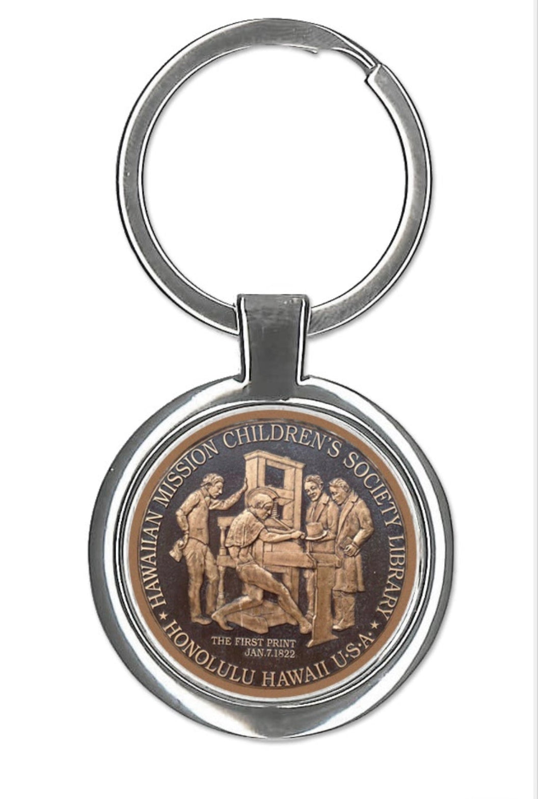 Printing Press Plaque on a metal keychain.