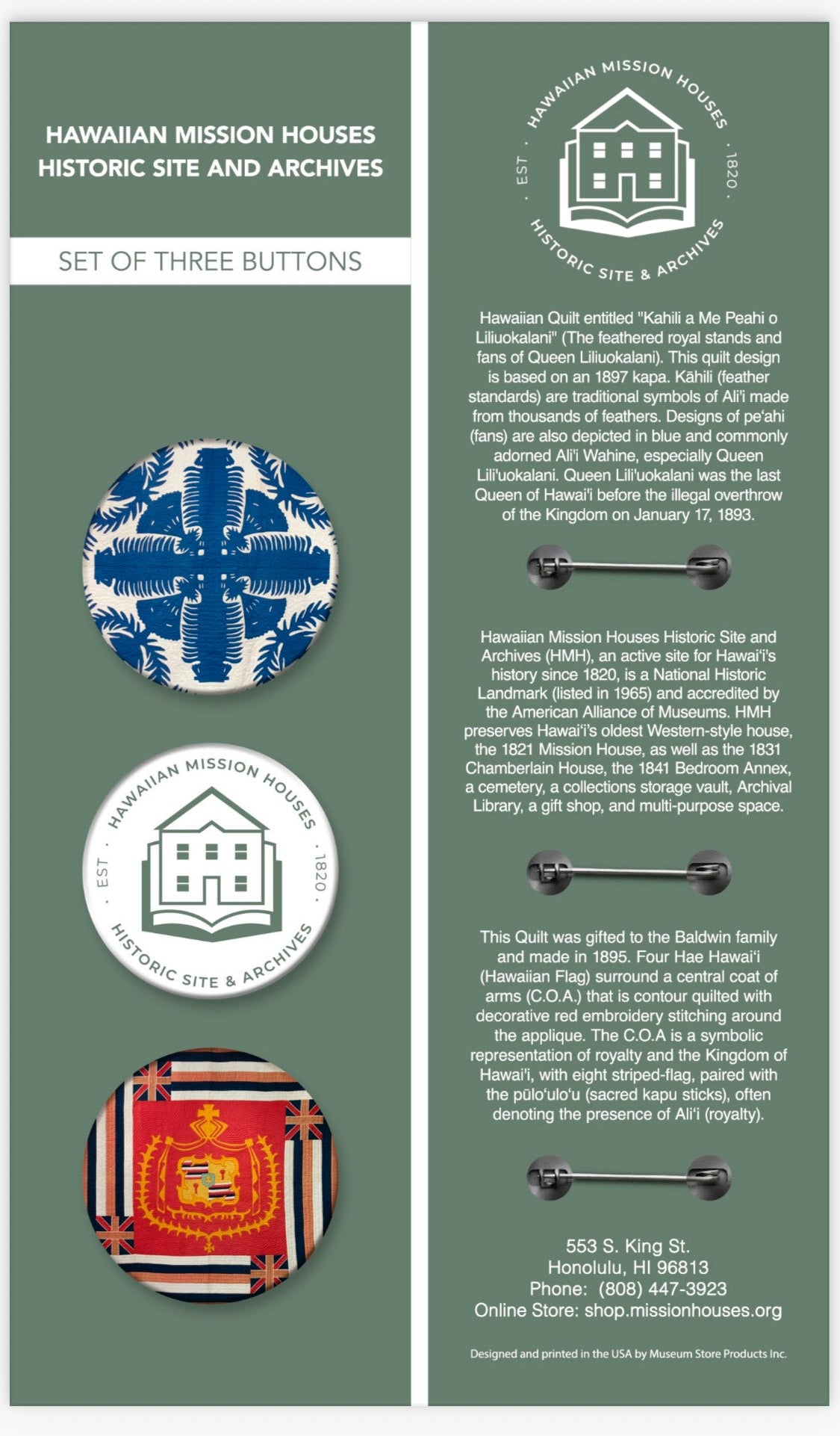 Set of three buttons with Hawaiian Mission Houses design on a green background