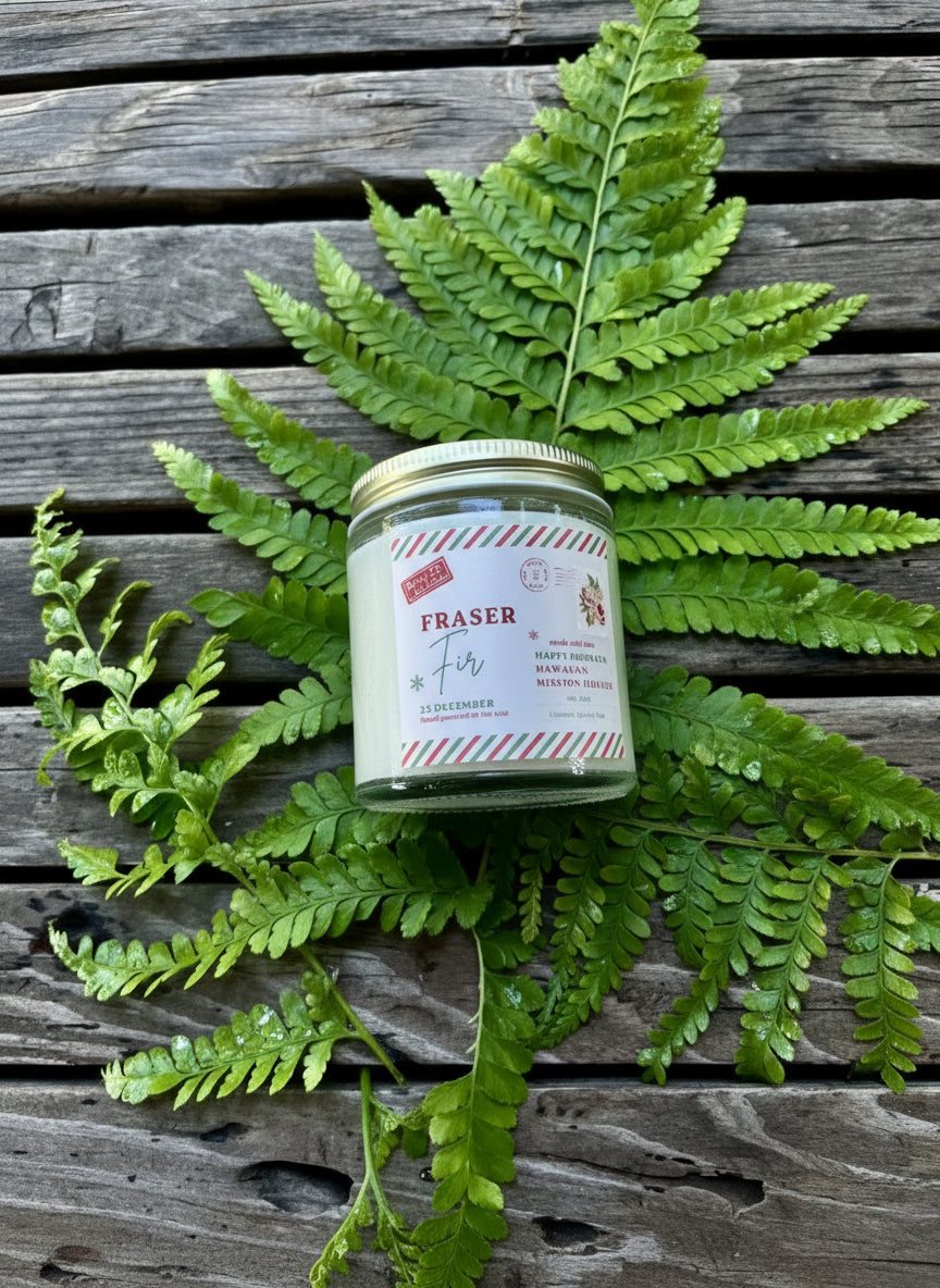 Fraser Fir 4oz. Handpoured "Happy Holidays Hawaiian Mission Houses" Candle