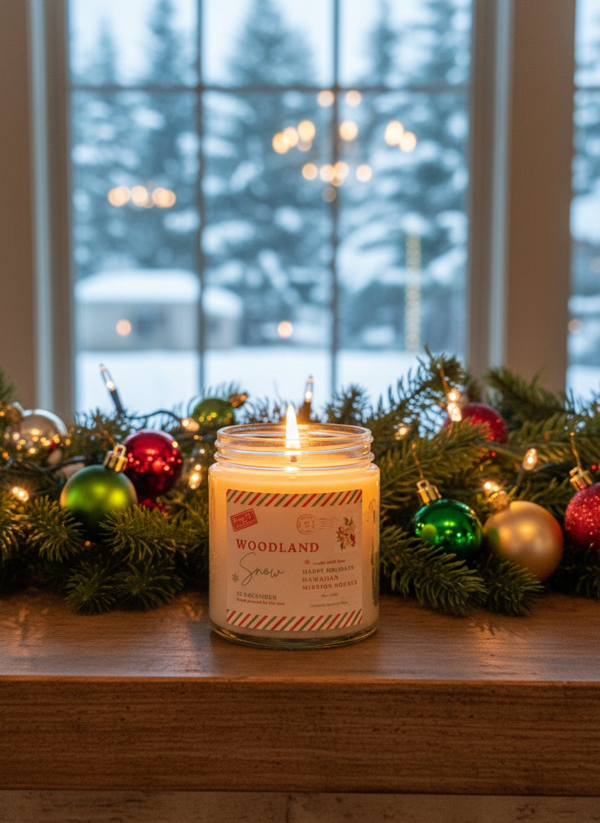 Woodland Snow 4oz. Handpoured "Happy Holidays Hawaiian Mission Houses" Candle