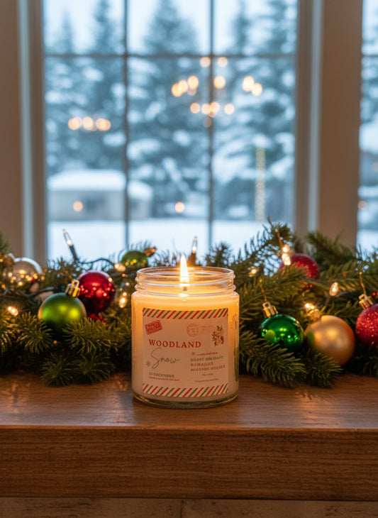 Woodland Snow 4oz. Handpoured "Happy Holidays Hawaiian Mission Houses" Candle