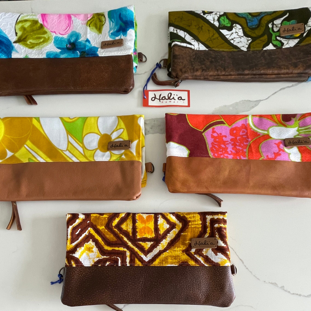 Ainsley Crossbody/ Fold over Clutch Vintage Hawaiian Fabric 100% Genuine Leather 2 Bags in One