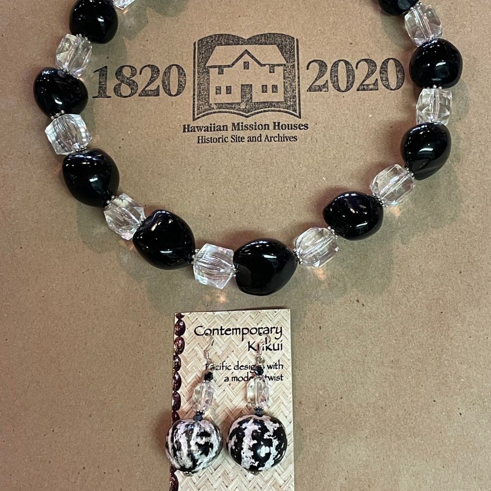 Black and Zebra Kaneohe Kukui Nut Necklace and Earring 2 Piece Set w/ Sterling Silver Wires Cut Glass and Beads