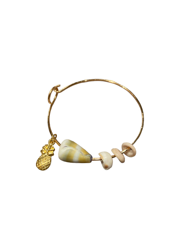 Bangle with assorted shells and charm in gold or silver plate