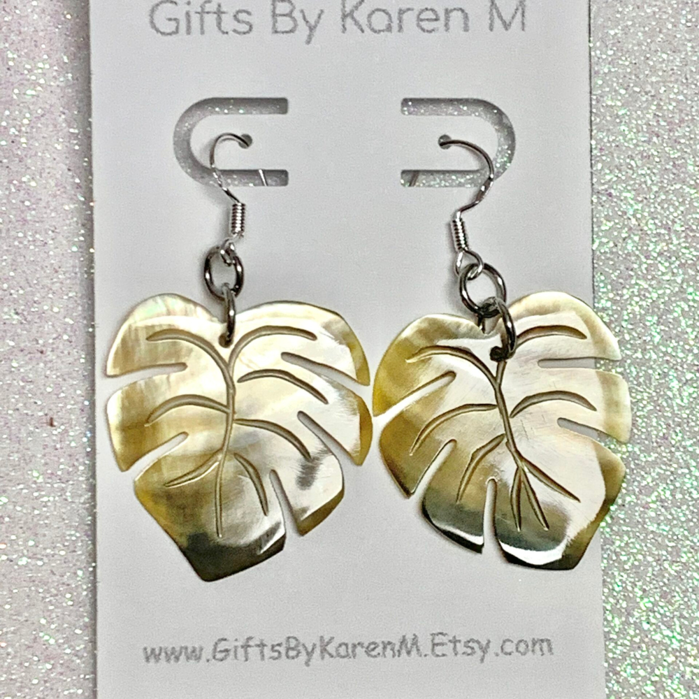 Hawaii Mother Of Pearl Monstera Earrings With Sterling Silver Ear Wires